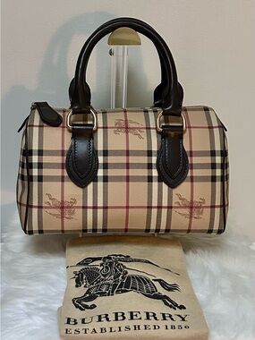 Authentic BURBERRY Haymarket Nova Check Boston Hand Bag Leather Handle Excellent